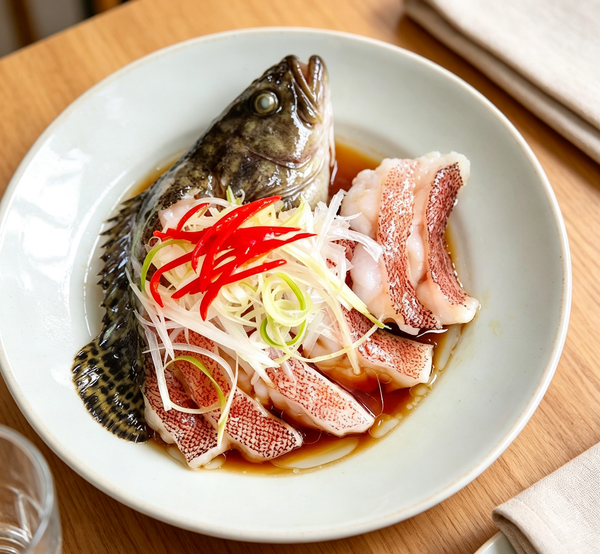 Steamed Whole Fish with Ginger and Chili Garnish